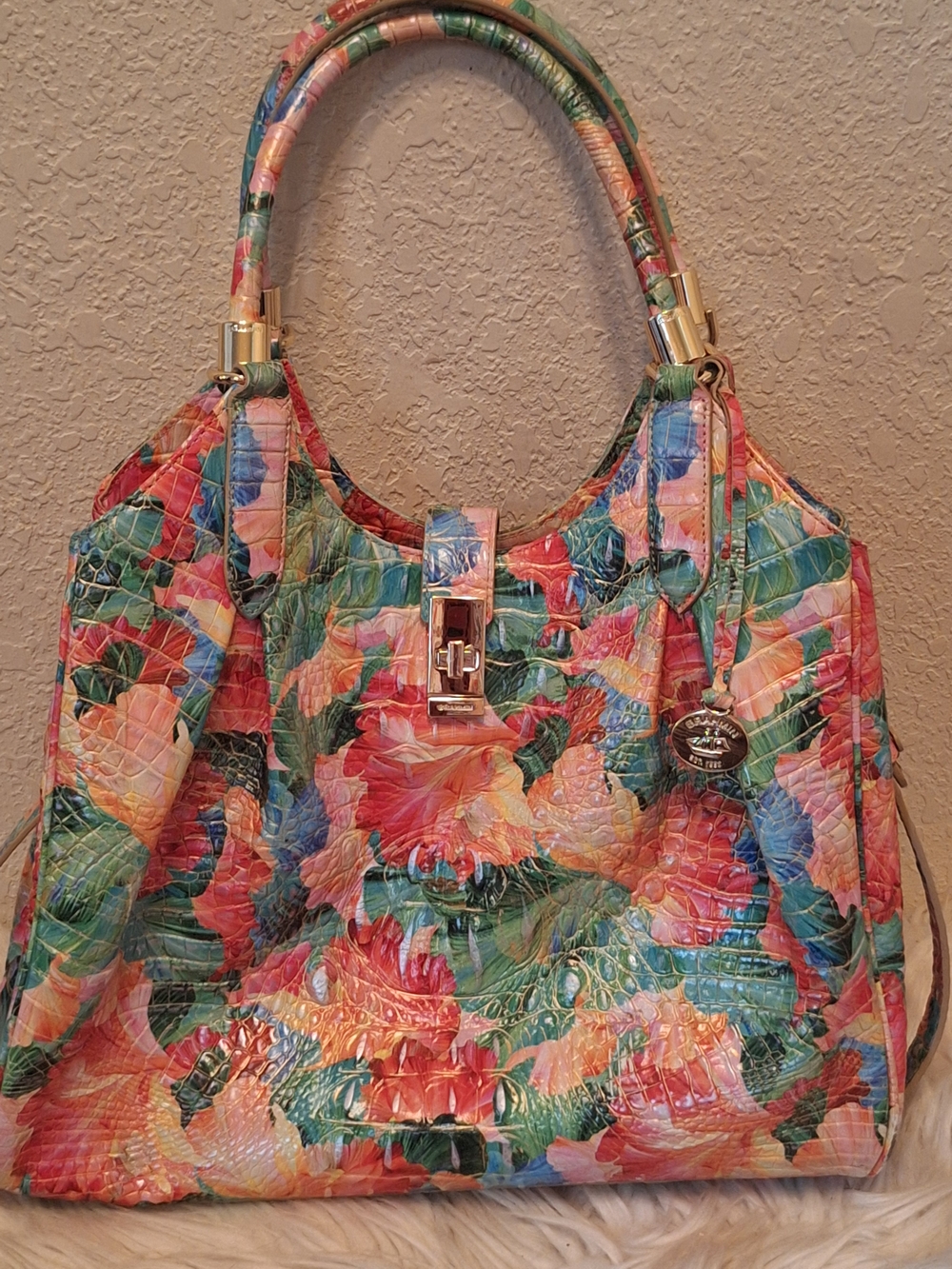 Floral Multi-Color Shoulder Bag with Turn-Lock Accent
